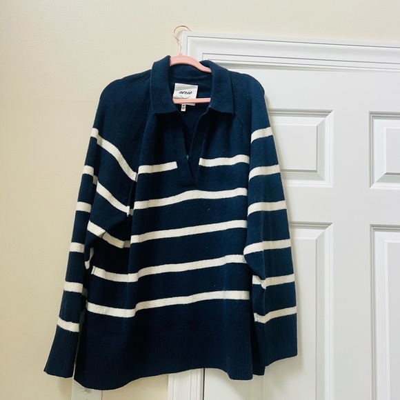 aerie Sweaters - Aerie Blue and White V-Neck Sweater Nautical Stripes